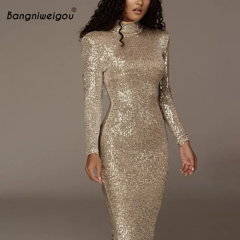 

Bangniweigou Elegant Long Sleeved Silver Dress for Women Fall Winter Sequin Bodycon Wear To Work Office Lady Party Night Dress