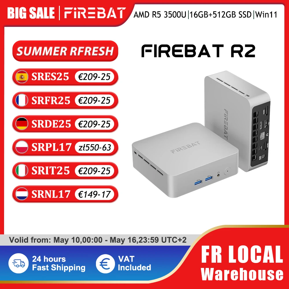 Mini PC FIREBAT R2 AMD Ryzen 5 3500U 16 Go de RAM 512 Go SSD Windows 11 PC double écran 4K WIFI5 Ordinateur de bureau compact