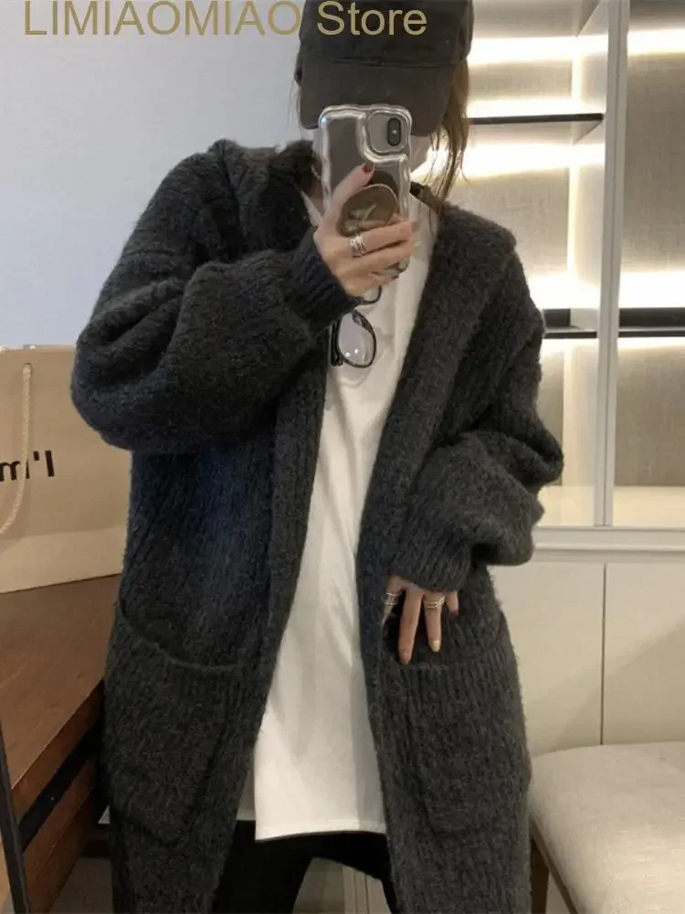 

New Korean Fashion Women Sweaters Autumn Winter Solid Hooded Long Knitted Cardigan Casual Coat for Women Clothing Knitwears Top