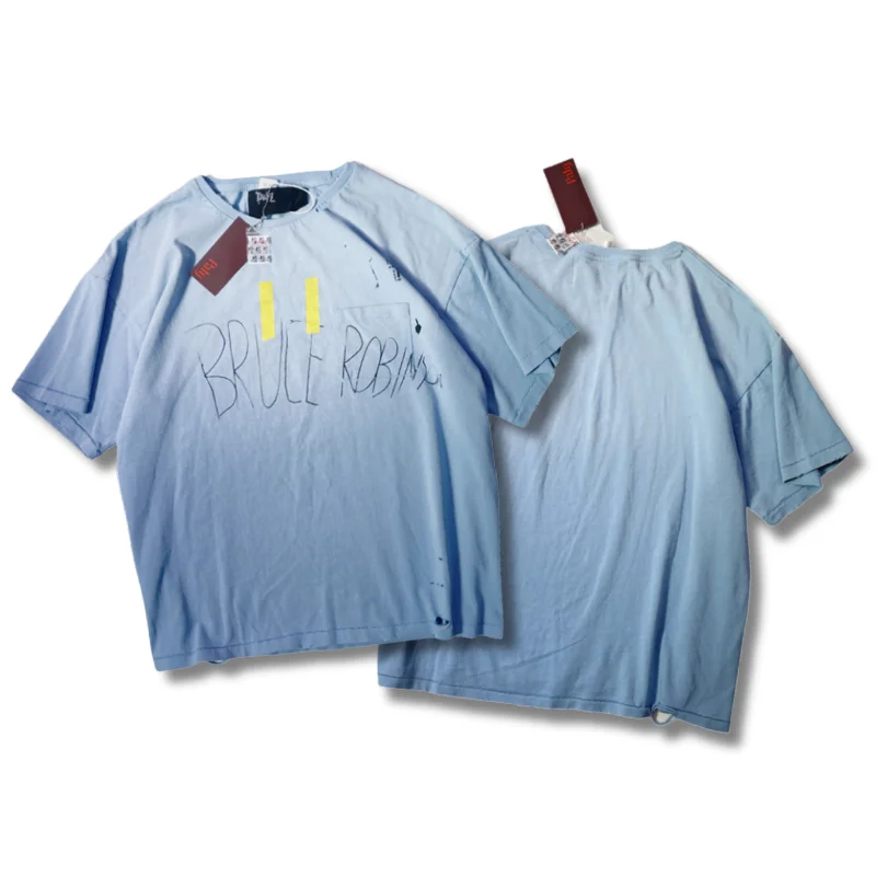 2026ss Vintage Washed Blue Paly T Shirt High Qulaity Letters Logo Damaged Hole Casual Women Men Tee Tops