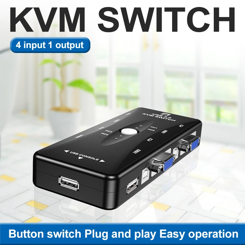 

Pop USB KVM-переключатель 4-портовый VGA SVGA-переключатель-сплиттер 1920*1440 VGA видеопереключатель для USB-устройства, клавиатуры, мыши, монитора Ada