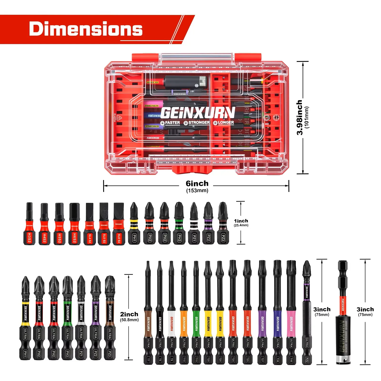 Geinxurn 35PCS Screwdriver Bits Set, Magnetic S2 Steel 1”/2''  Impact Bit Holder with Red Box for Motorcycle Maintenance