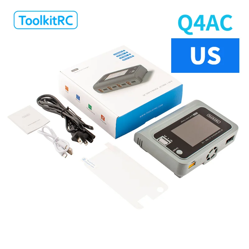 ToolkitRC Q4AC Smart RC Model Oplader XT60 Adapters 4x50W 5A AC 100W 4-poorts DC Smart Ontladingsapparaat Lithium Batterij Balancer Oplader