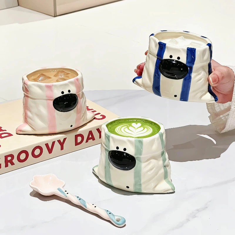 Kawaii Bag Shape Ceramic Mug, Cute Wrinkle Striped Puppy Coffee Cup, Creative Latte Water Cups Birthday Gift for Friends Office