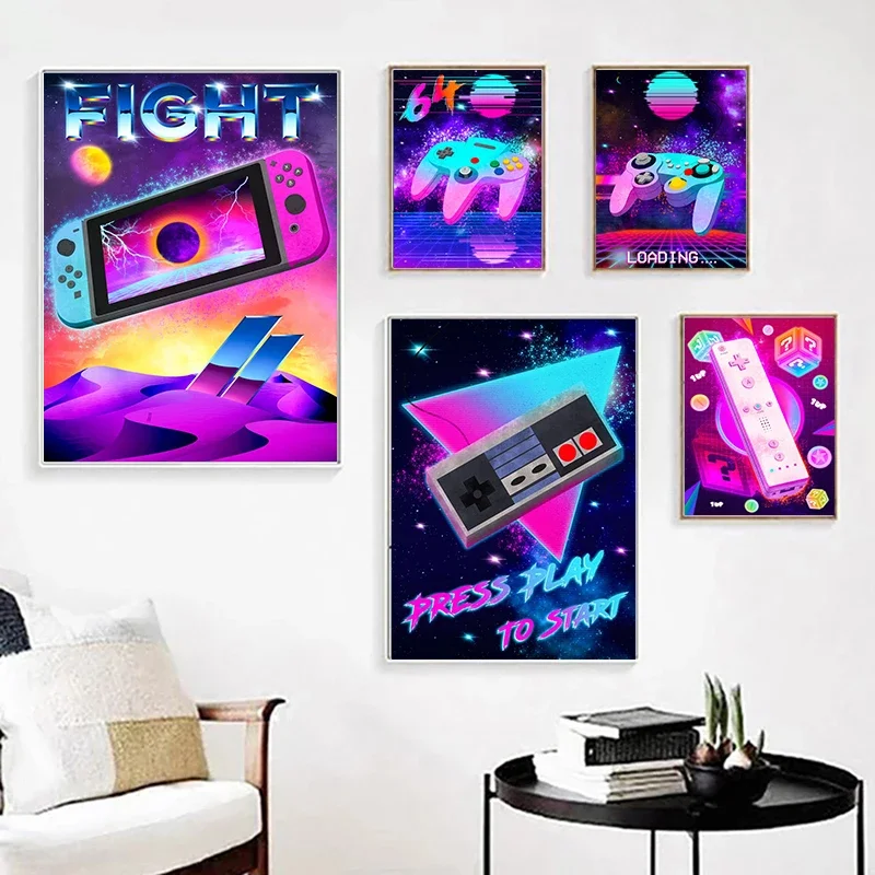 Póster de juego para niño, pintura en lienzo, imagen colorida, impresiones artísticas de pared, mango de jugador, auriculares, decoración del hogar para habitación de niños, sin marco