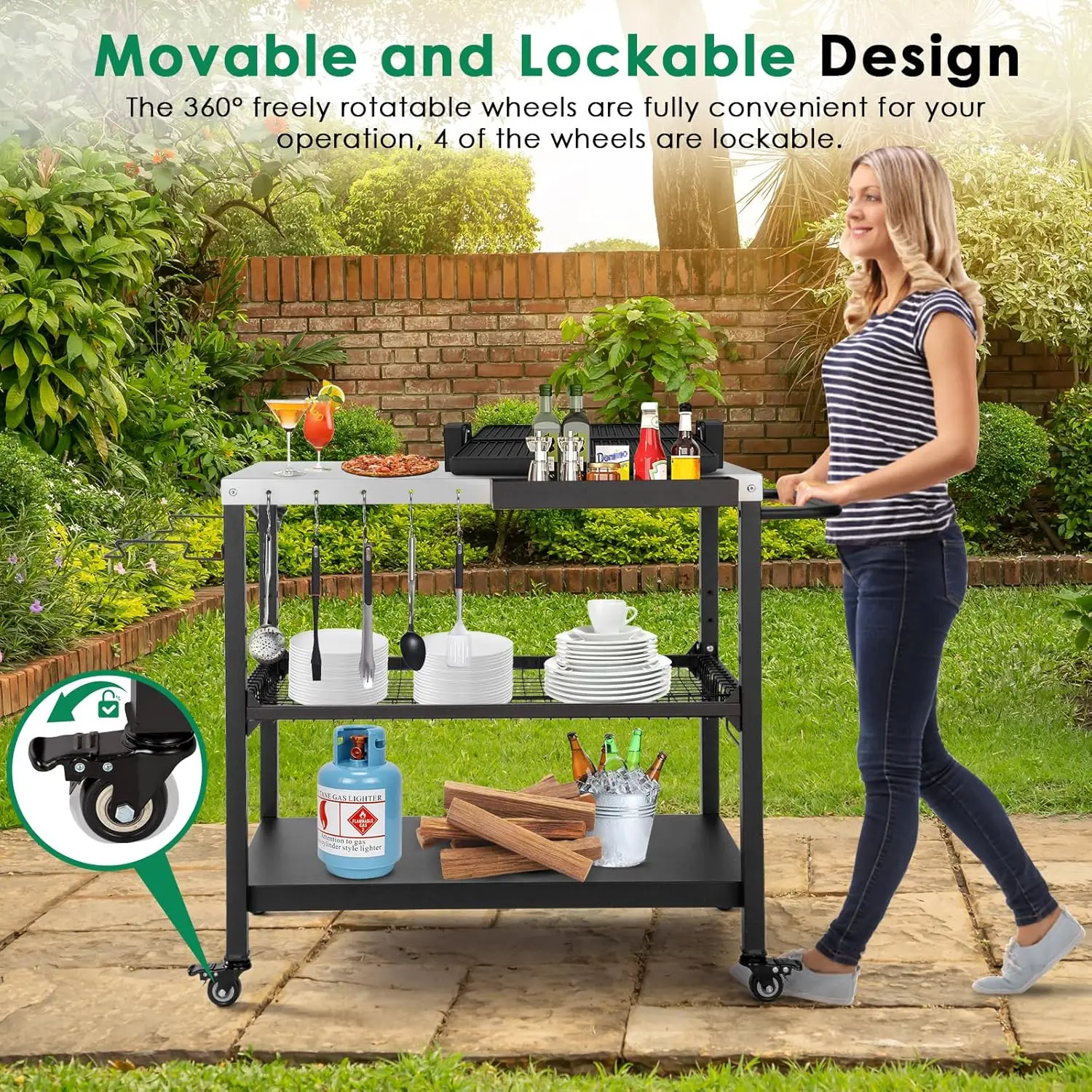 Outdoor Grill Cart, 3-Tier Rolling Prep Dining Cart Pizza Oven Stand Table With Lockable Casters, Hooks & Adjustable Mesh,