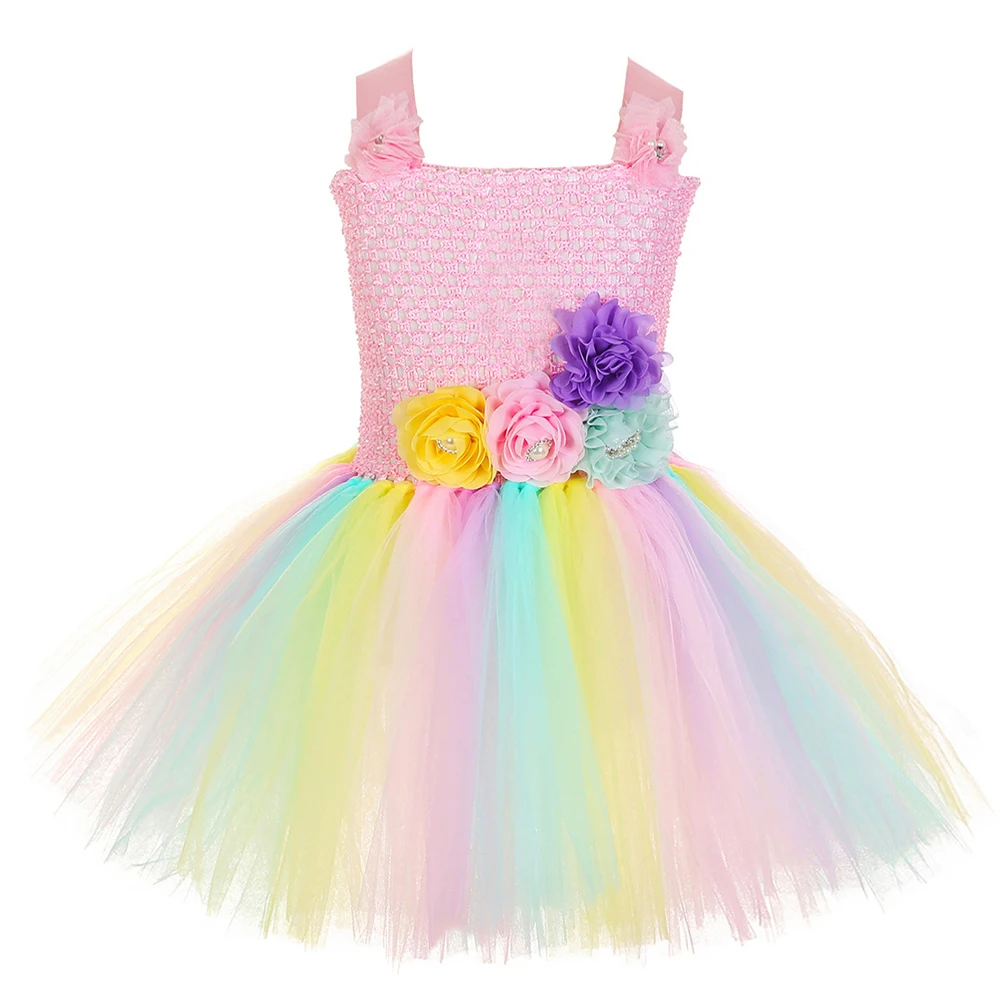 Pastel Flowers Trolls Costumes Girls Magic Elves Fancy Tutu Dress with Hairs Bow Kids Christmas Carnival Fairy Princess Outfit