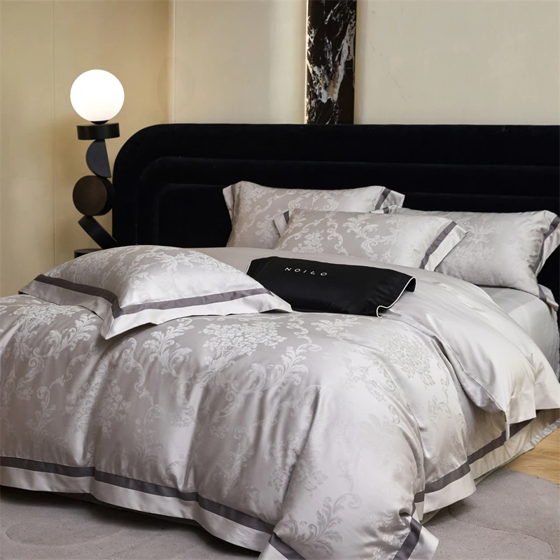Lyocell Cotton Blend Luxury Bedding Set Vintage Jacquard Soft Silky Duvet Cover Flat/Fitted Sheet Pillowcases 4Pcs Queen King