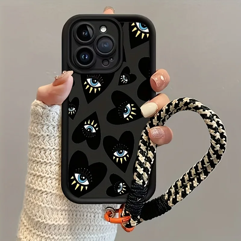 Black Love Heart Eye Hang Strap Phone Case For Samsung Galaxy Note 20 S23 S24 S25 S26 Plus S24 S23 FE S23 S24 S25 Ultra Cover