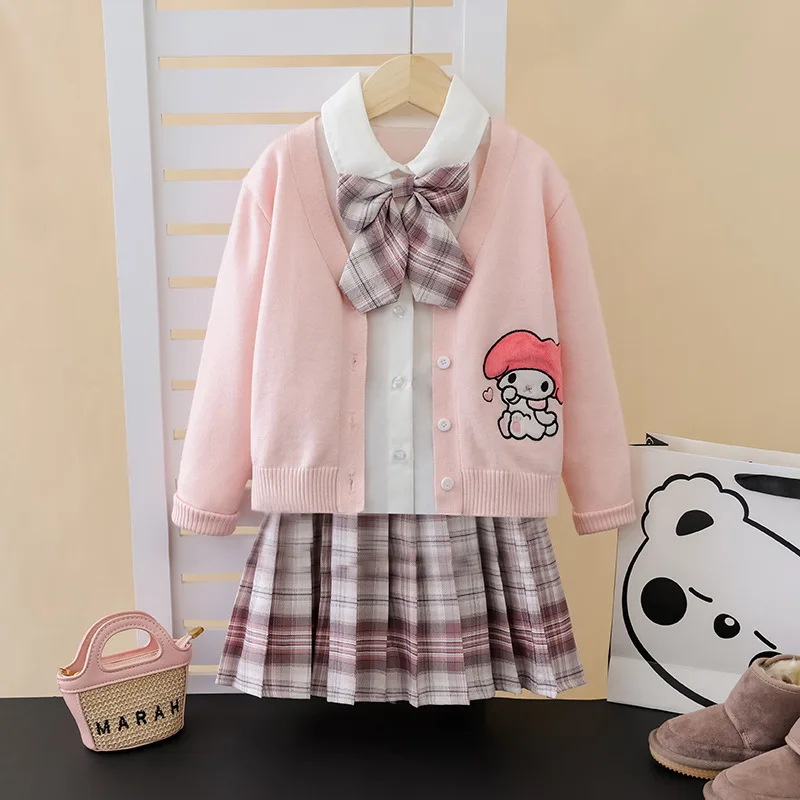 Sanrio Kuromi My Melody Costume Children\'s Cosplay JK Skirt College Style Knitted Cardigan Pleated Skirt Three Piece Set Skirt