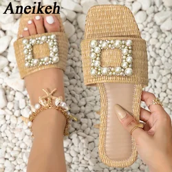 Aneikeh 2024 Summer Fashion Glitter Bright Diamond Flat Bottom Women Slippers Crystal Sandals Comfortable Beach Slides Shoes