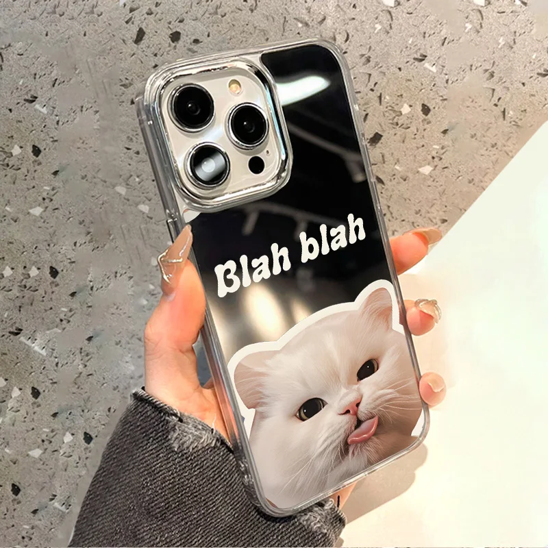 Luxury Make UP Mirror Phone Case For iPhone 17 16 Pro Max 11 13 15 14 12 Air XS XR Cute White Cat Covers Fundas