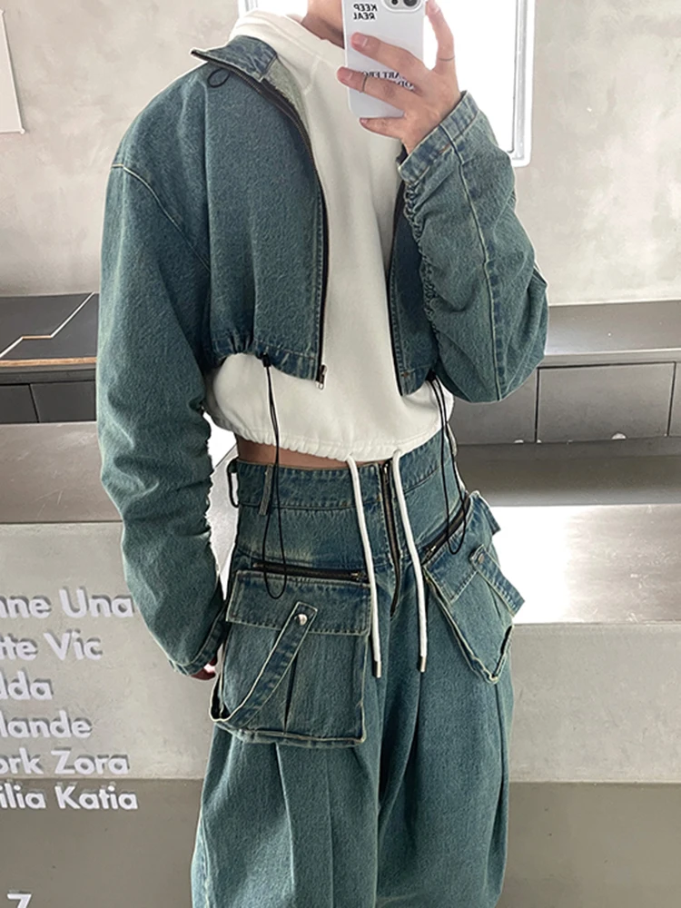 CHICEVER Casual Jacket For Women Stand Collar Long Sleeve Patchwork Zipper Streetwear Loose Spliced Drawstring Denim Coat Female