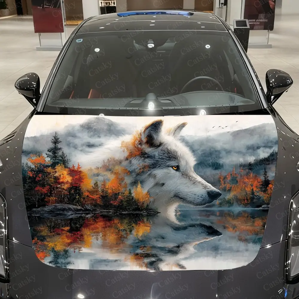 Mountain Stream Wolf Shadow Car Hood Graphic Stickers, Car Aesthetics, Eye-catching Pattern Decorations, PVC Waterproof Self-adh