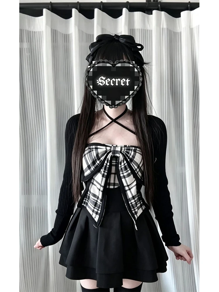 Black Knitted Cardigan with Plaid And Bow Tie Tube Top And Skirt Three Piece Set for Women Autumn 2026 Fashion Collection