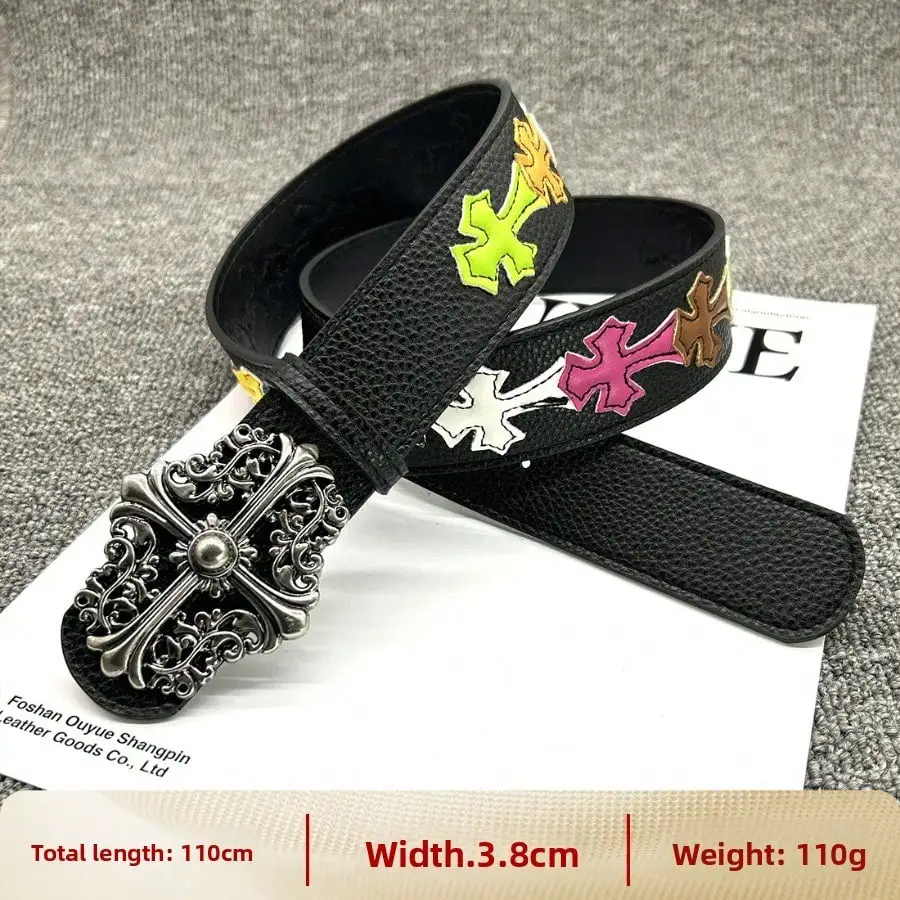 

Unisex Vintage Cross Studded Belt, Hollow Engraved PU Leather Punk Street Waist Belt With Alloy Snap Buckle For Jeans & Casual Wear