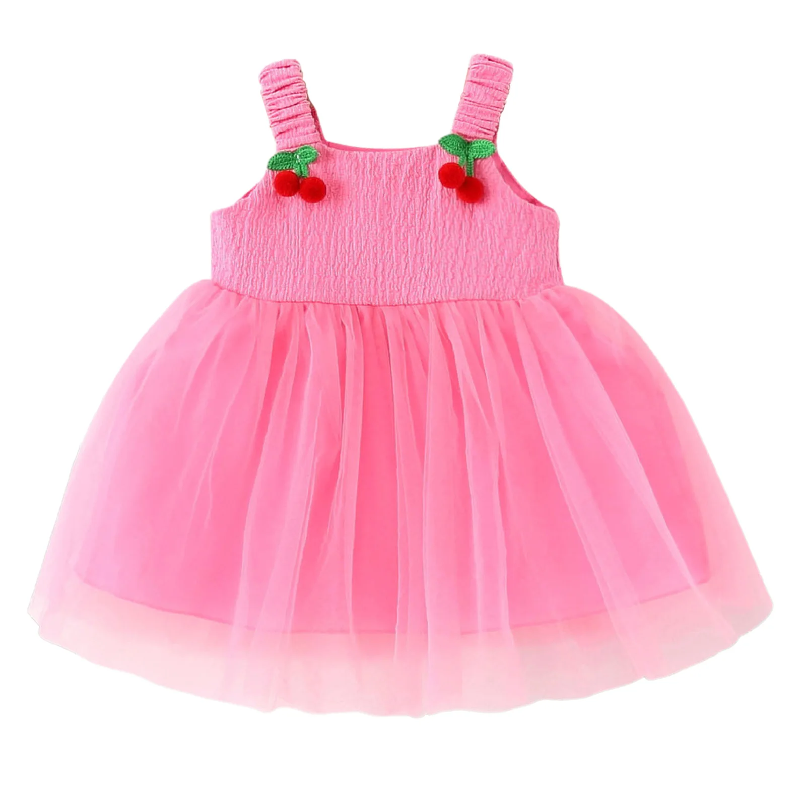 

Baby Girls Summer Pink Mesh Dresses Elastic Shoulder Straps Sweet Cherry Tulle Dress Children Clothes for Birthday Party Wedding