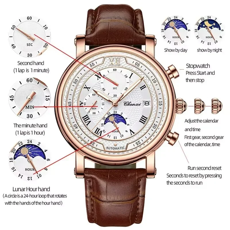 

Chenxi 976 Leather Chronograph Date Men's Phase Of The Moon Timing Business Luminous Quartz Watch Relojes para hombres