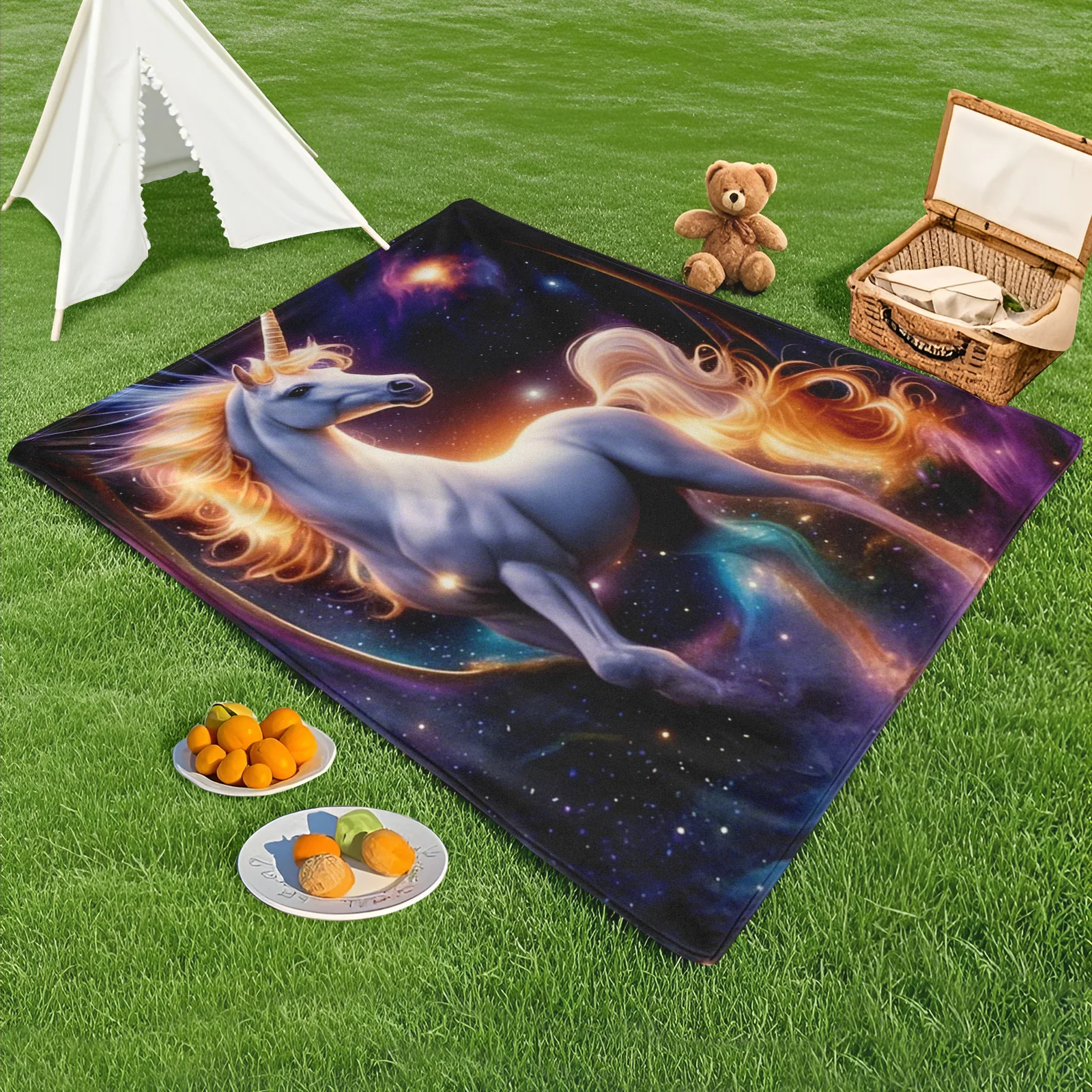 ファンタジーをテーマにしたピクニックや星の下でのリラクゼーションのための星空デザインのホワイトユニコーン屋外ブランケット