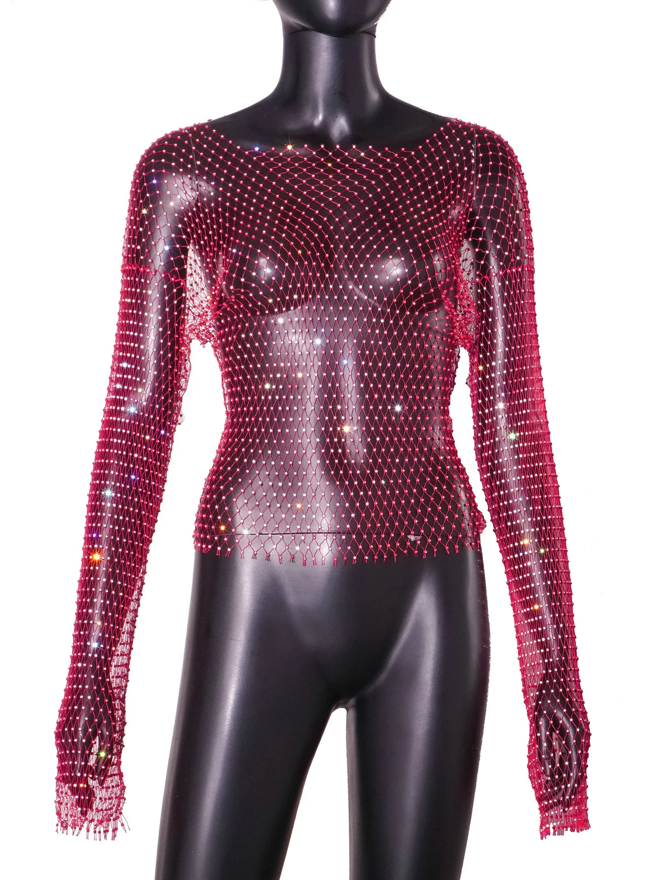 Atacado brilhante strass lantejoulas fishnet feminino mini vestido sexy manga longa malha oco para fora transparente festa clubwear vestidos