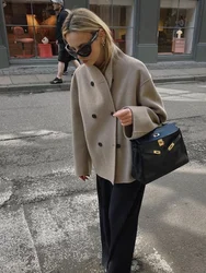 Elegant Wool Women's Coats Loose Casual Double Breasted Stand Collar Short Jacket 2024 Fall Winter Coat Female Commute Outerwear