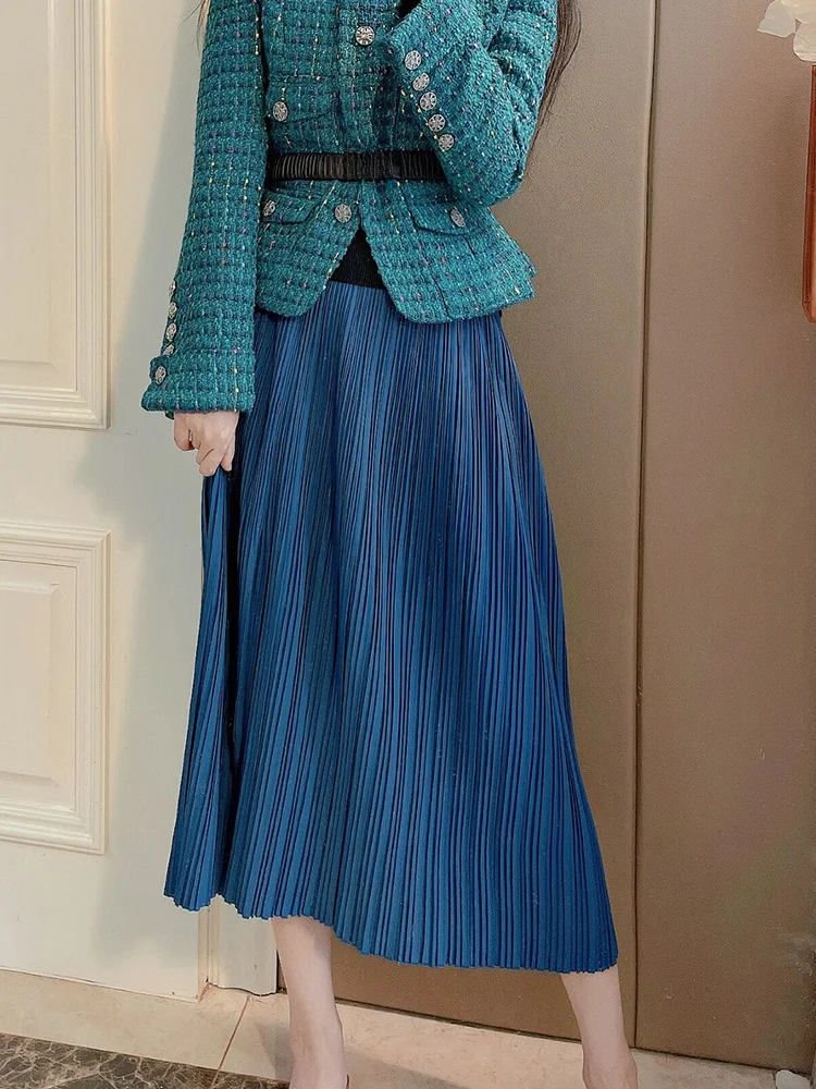 

Ele Lady High Waist A-Line Midi Skirt Women's Loose Pleated Long Fairy Skirt Ele Simple Color Busin Commute Sle