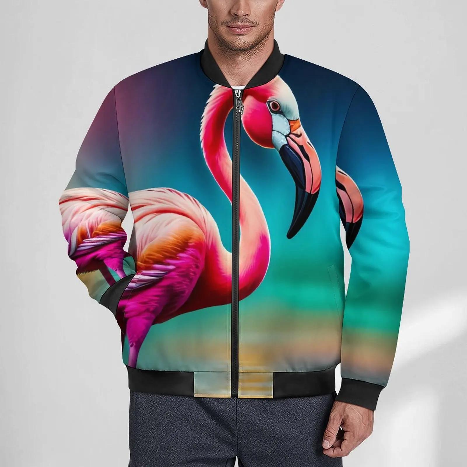 

Flamingo with Blue Sky Sun Casual Jackets Zipper Windbreakers Male Custom Coats Autumn Cool Loose Jacket 4XL 5XL 6XL