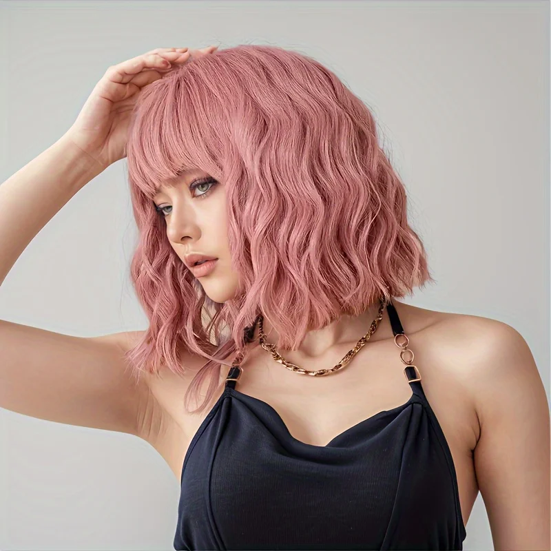 14inch Women Pink Water Ripple Neat Bangs Synthetic Wig for Each Scenes Wearable Use