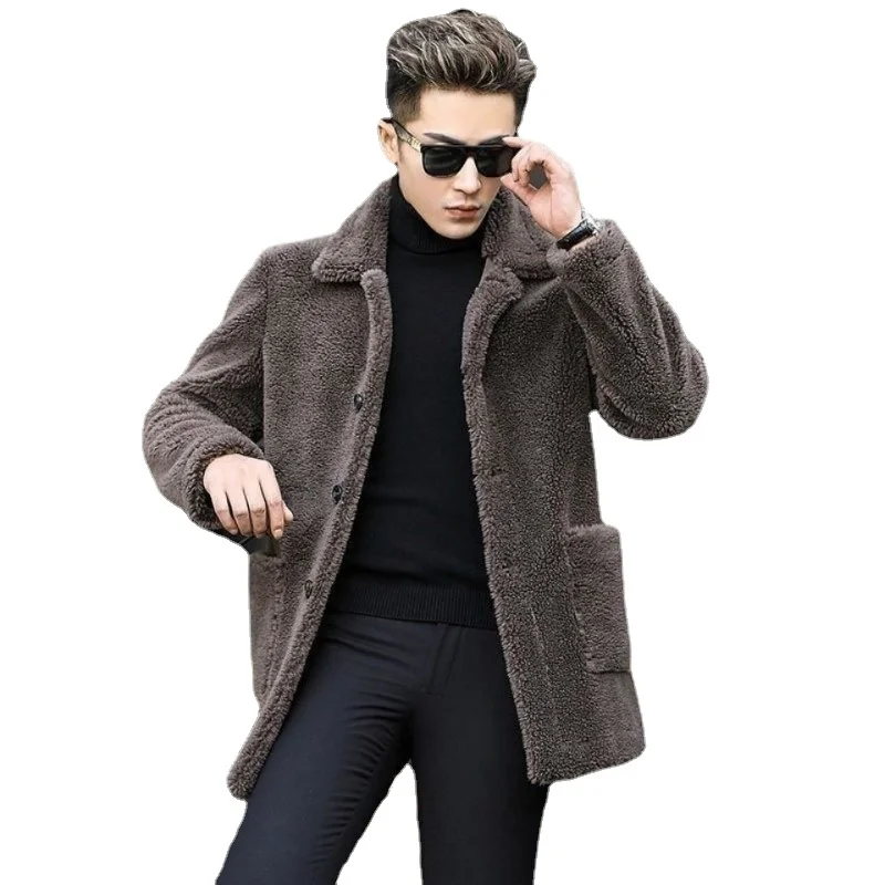 Sheep Cut Plush Coat Men Autumn Winter Medium Long Style Lamb Fur Integrated Faux Leather Exquisite warmth Fashion Jacket C35