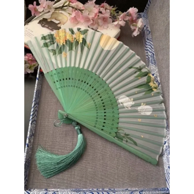 Japanese Style Folding Fan for Men and Women, Light Green Sweet-scented osmanthus Rabbit Antique Fan, Small Fresh