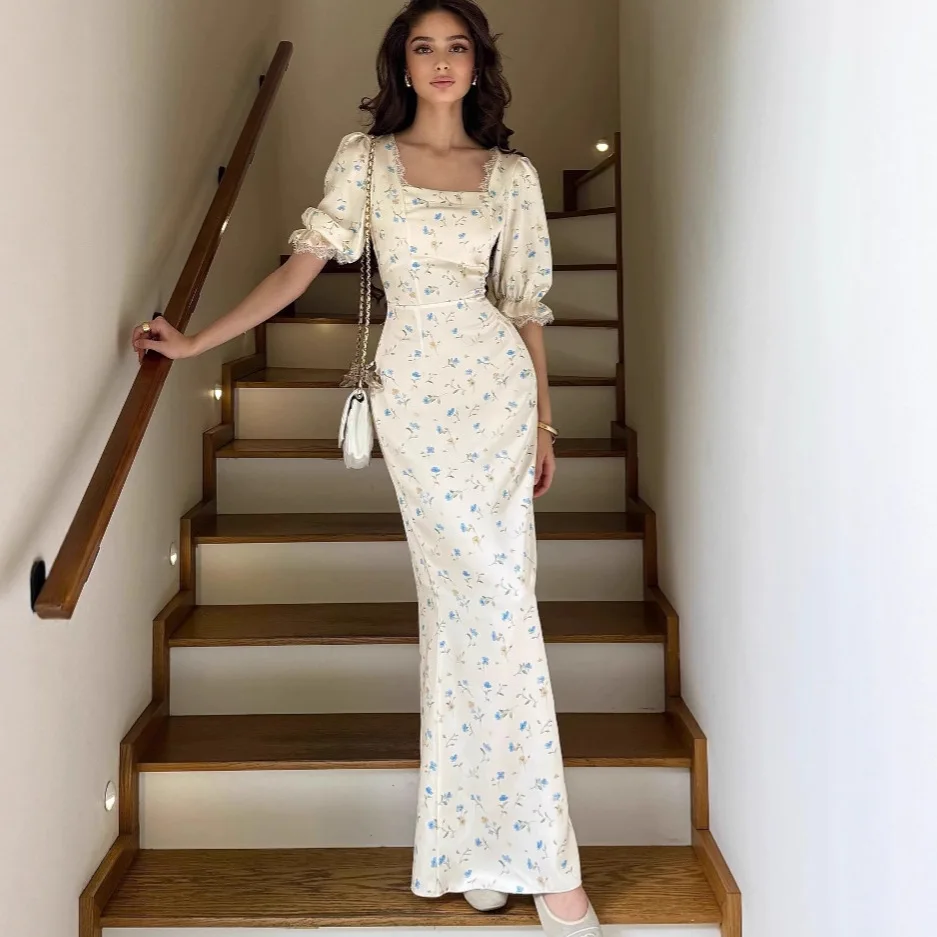 Europeu e americano 2025 moda primavera festa à noite fino ajuste rendas até cetim impressão suave estilo fada vestido de renda para mulher