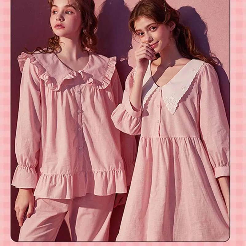 New Pink Grid Female Pajamas Set Cotton Puff Sleeve Pijamas Suit Loungewear Lingerie Casual Loose Homewear Sleepwear Nightwear