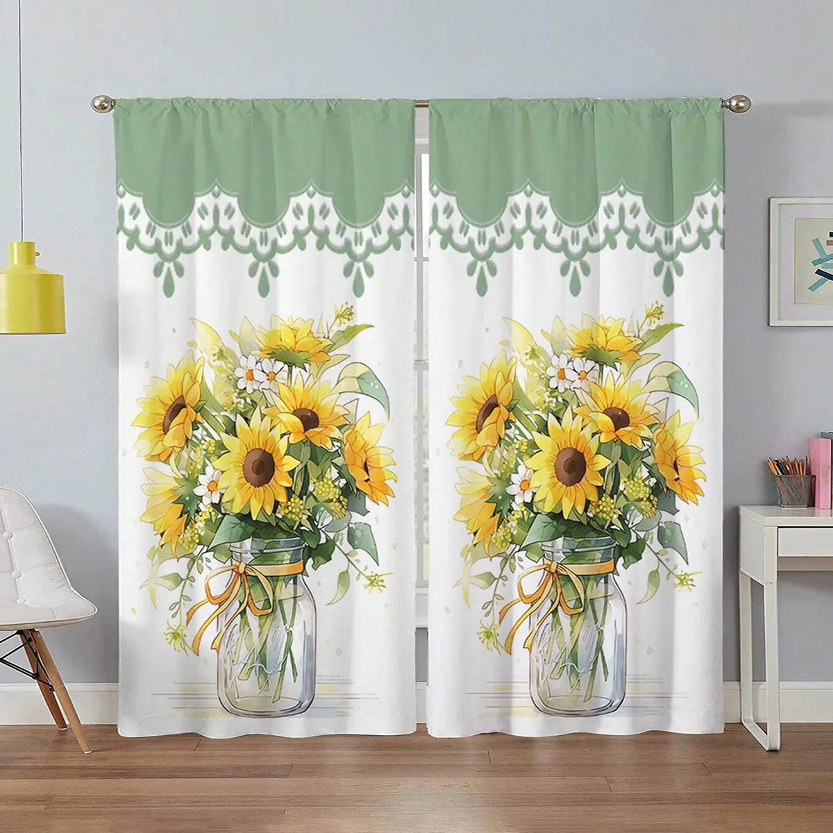 2pcs Sunflower Mason Jar Curtains Sage Green Lace Floral Window Drapes Rustic Farmhouse Art Decor Living Room Bedroom
