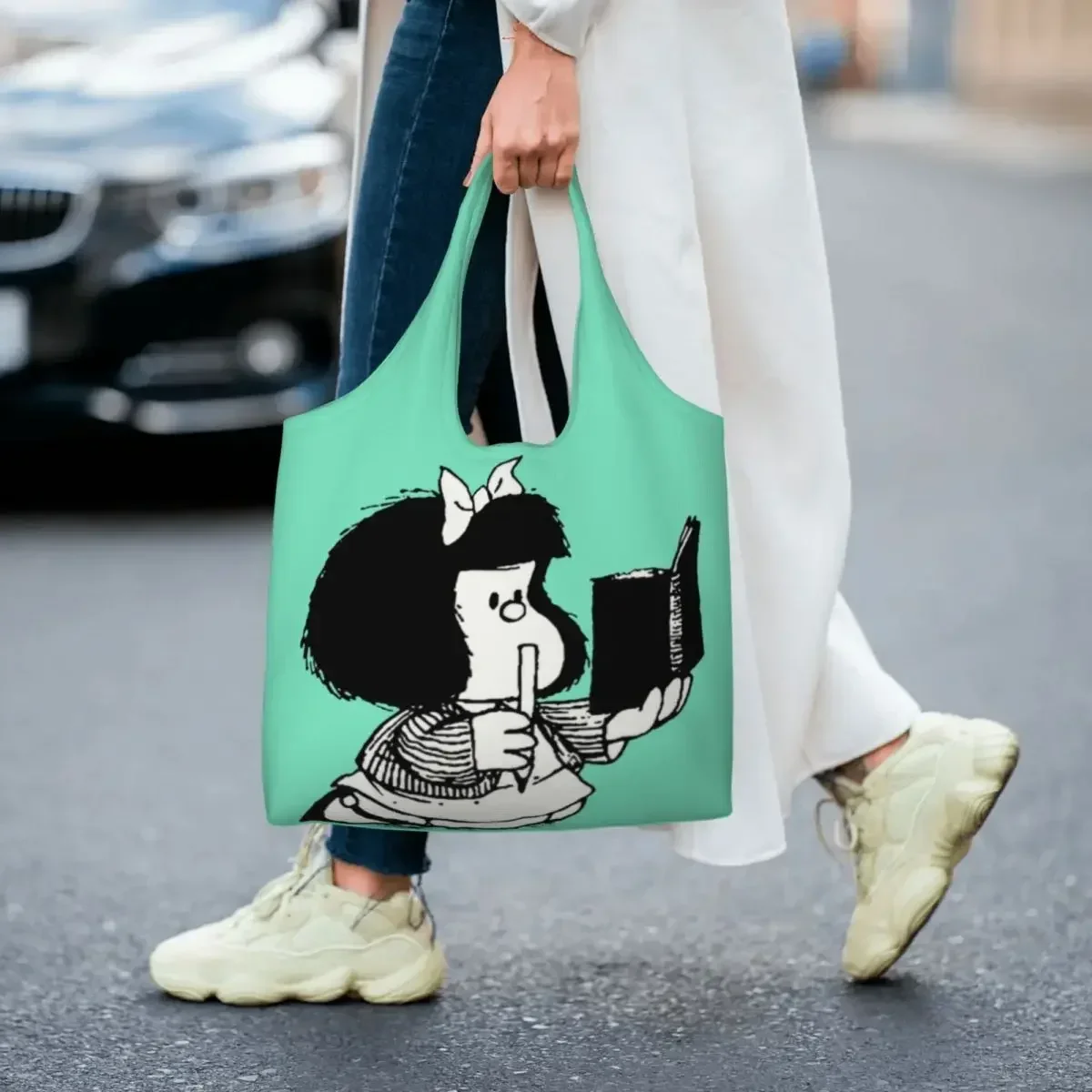 

Custom Print Mafalda Reading Her Book Shopping Tote Bag Portable Canvas Shoulder Shopper Kawaii Cartoon Manga Bags Handbag