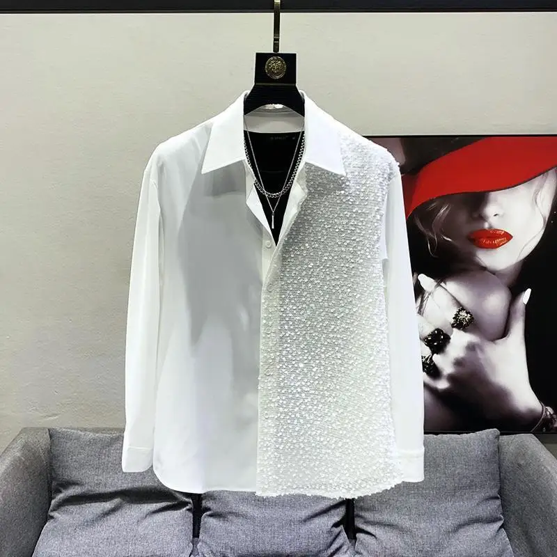 

Модная корейская рубашка в стиле ретро с блестками, блузка для мужчин, весна-осень, новый нишевый дизайн, свободное универсальное высококачественное крутое повседневное платье в стиле хип-хоп