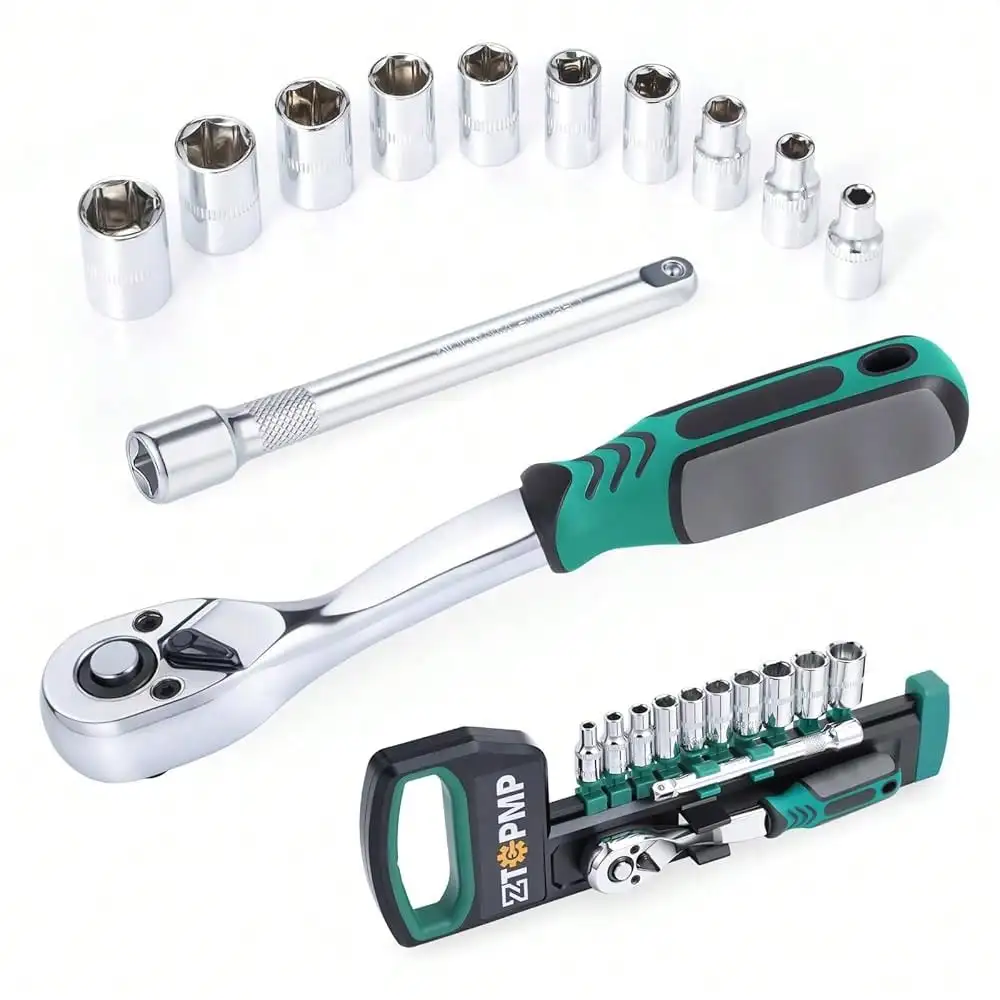 12Pcs 1/4 Inch Drive Ratchet Socket Wrench Set, 72 Teeth Bent Handle Release Ratchet Wrench With CR-V 6 Point Shallow Metric Sockets (4mm-13mm) And Extension Bar
