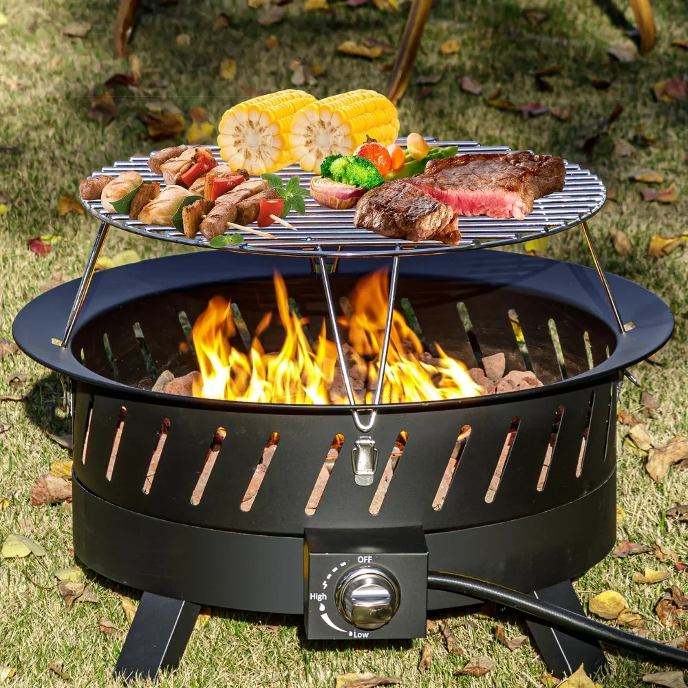 24 inch Portable Propane Fire Pits with Grill | Gas Fire Pit Bowl for Outside with Lid & Handle, Propane Fire Pit for