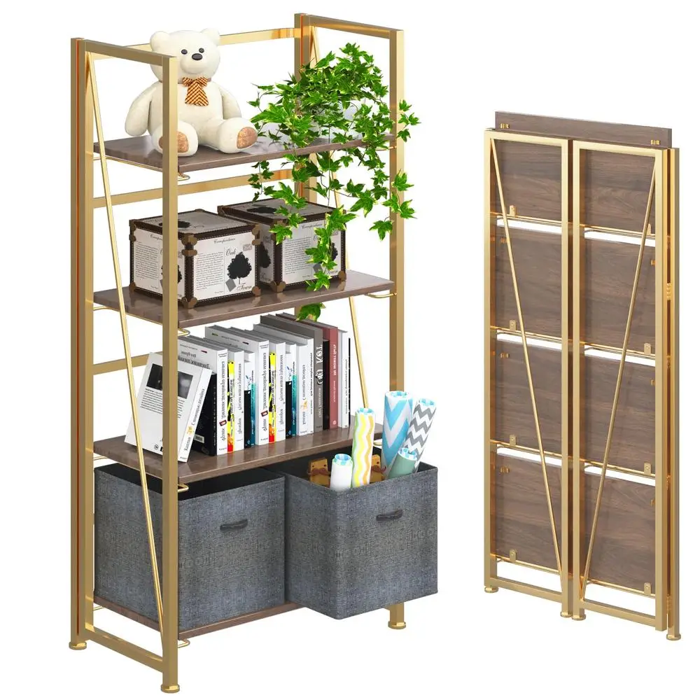 Folding Bookshelf Storage Shelves 4 Tiers Vintage Bookcase Study Organizer Home Office Brown Gold Industrial Design Order Space