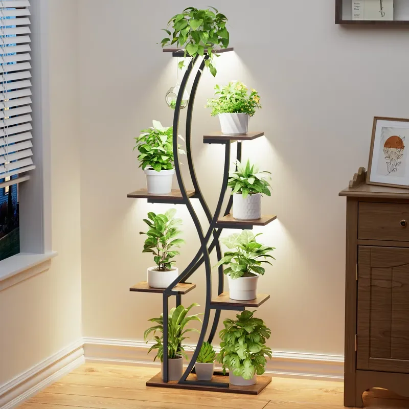 7 Tier X Shape Plant Stand with 4 LED Grow Lights 55 Inch Wood Metal Corner Flower Rack Indoor Display Shelf for Home Garden