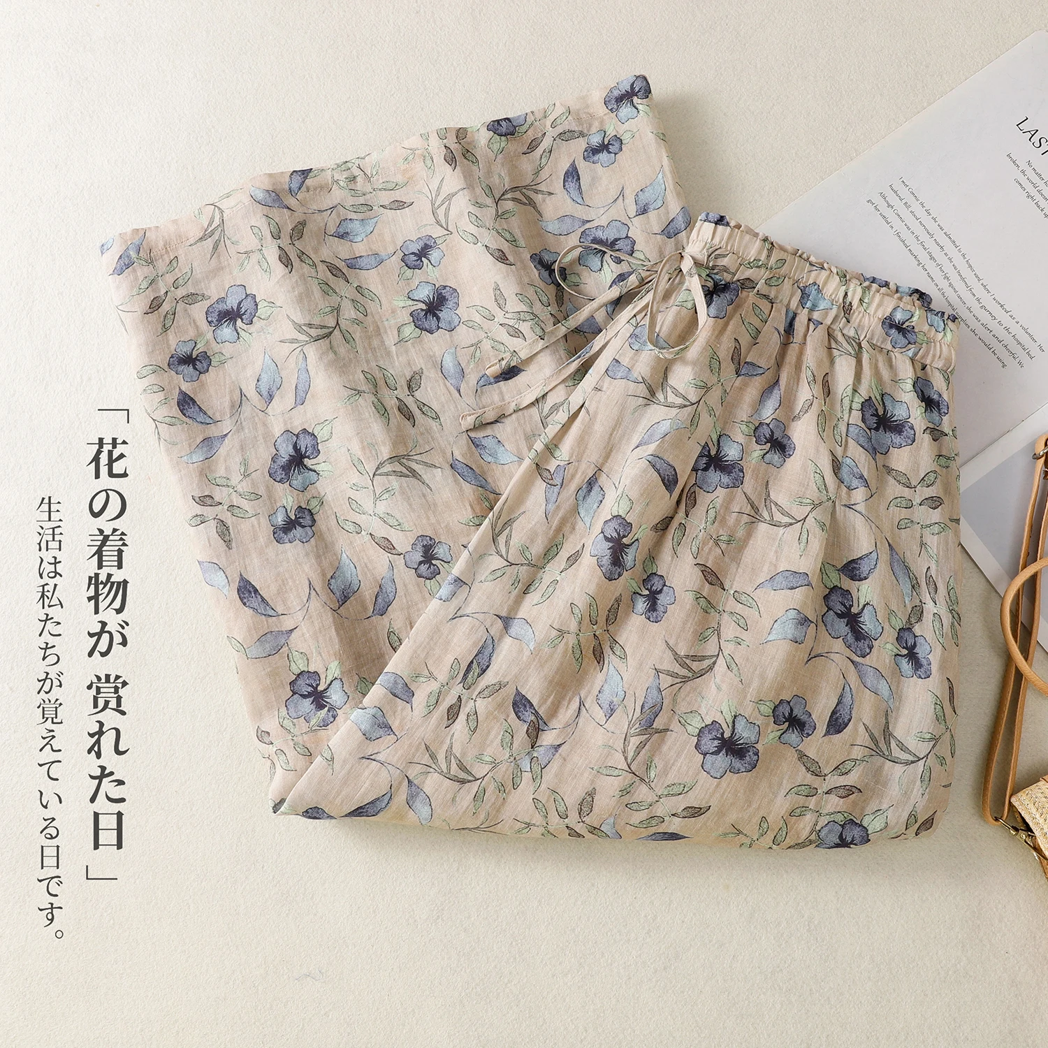 Japan Korean Style Ethnic Floral Printed Cotton Linen Skirts Women Summer Lace Up High Waist Casual Loose Pleated Midi Skirt
