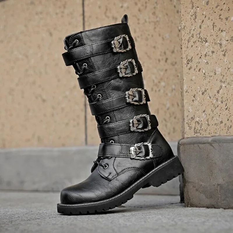 New Large Size Men's Leather Motorcycle Boots Mid-calf Combat Boots Gothic Belt Punk Boots Men High Top Shoes Tactical Boot 2026 view 6
