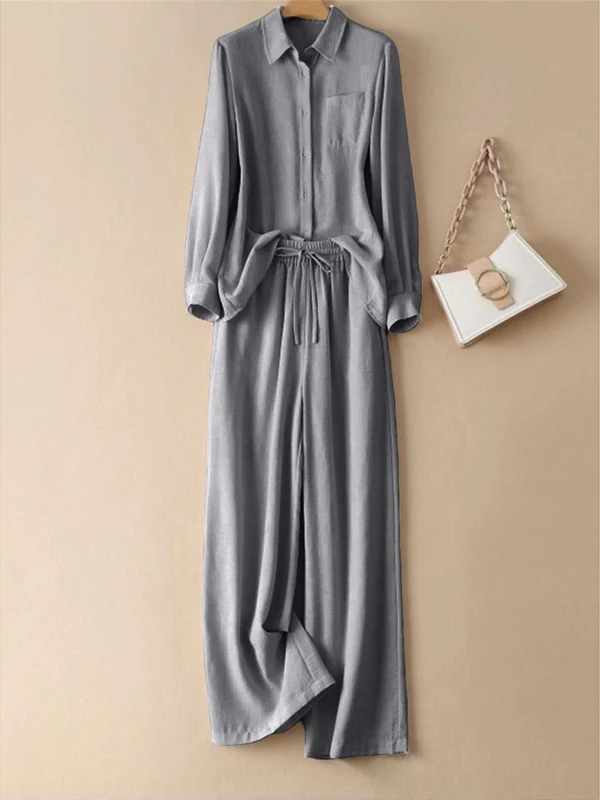 Chic Autumnal Loose Casual Women's Shirt And Wide Leg Pants Set Draped Style Two Piece Ensemble for a Relaxed Fashion Sense