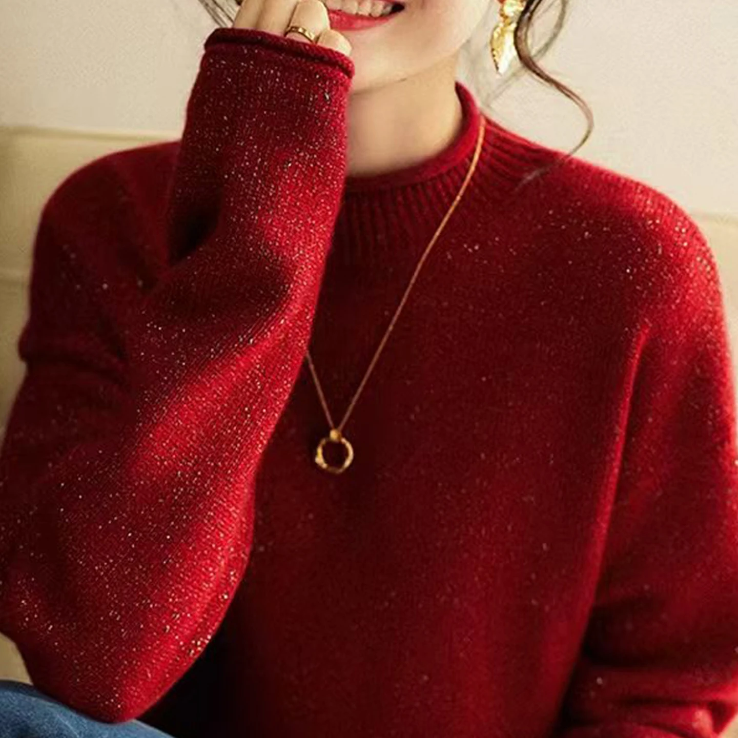 Autumn winter new women's100%wool pullover sweater casual solid color sparkling knitted sweater loose rolled edge round neck top