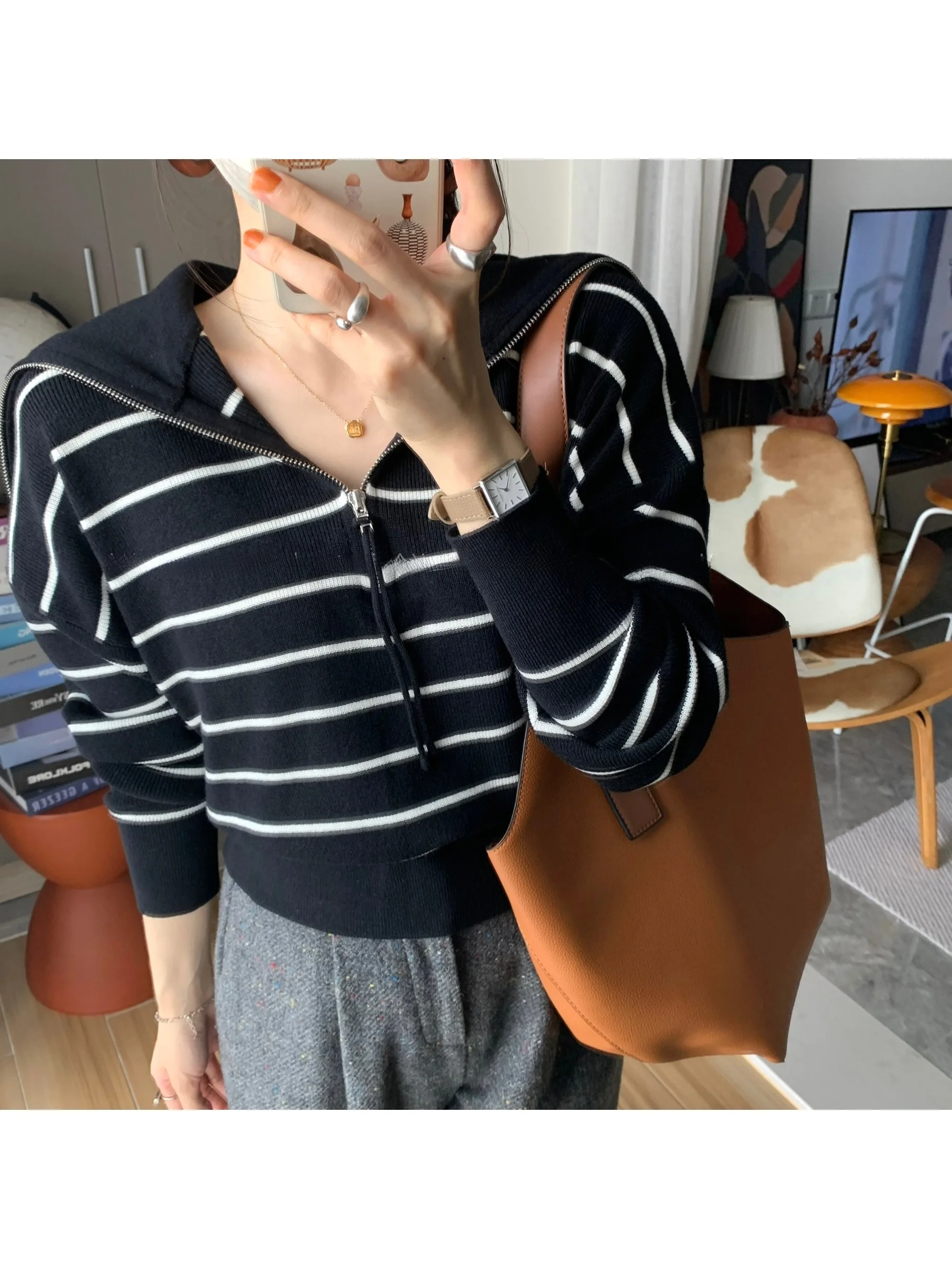 

Miss Bai Linglan Women's Knitted Sweater Long Sve Zipper Ne Classic Stripes Korean Sle Autumn Winter Soft Wool Blend