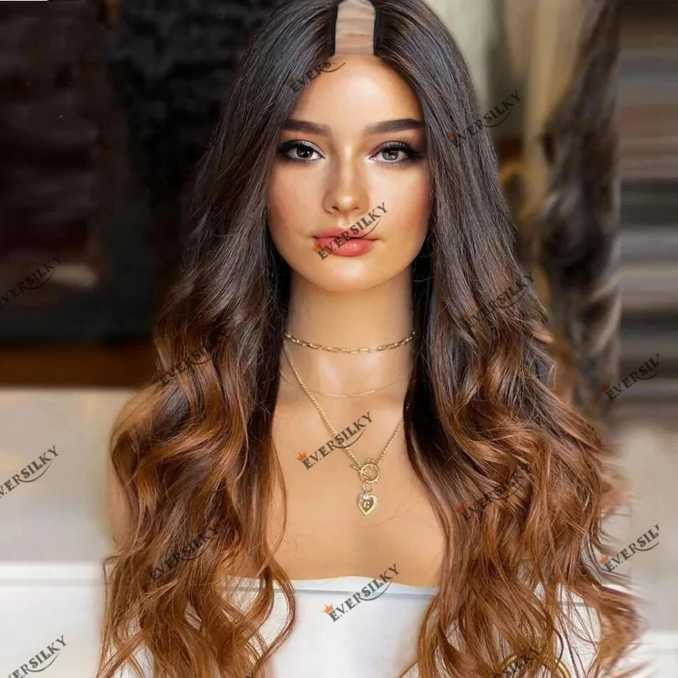 

Brown Auburn Ombre Human Hair Machine Made U Part Wig Remy Brazilian Hair 1x4 V Part Easy Wear Women Wig 180 Density