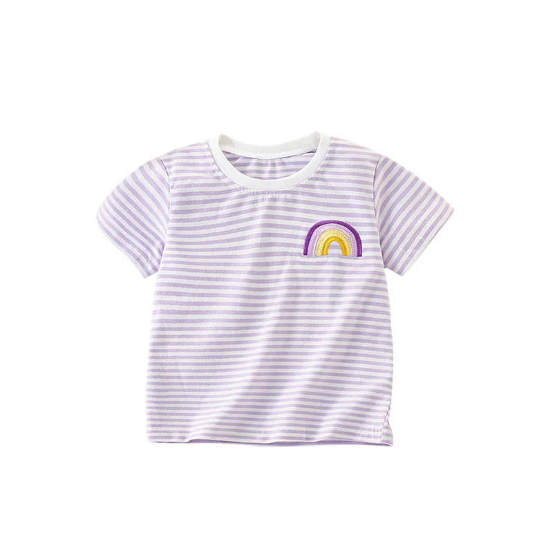 Striped 2-7T Rainbow Applique Summer Girls T Shirts Short Sleeve Kids Tees Tops  Baby Costume Children\'s Clothes Shirts