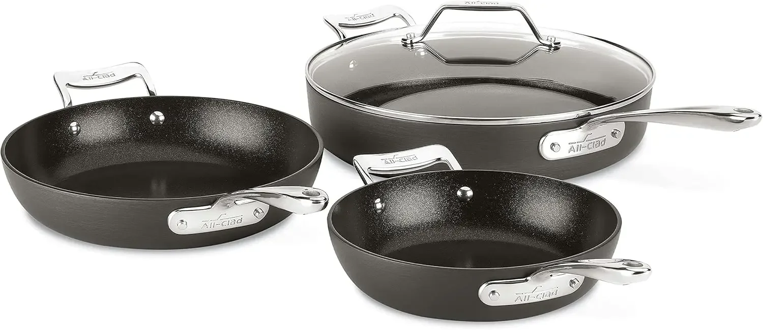 All-Clad Essentials Hard Anodized Nonstick Sauce Pan Set 4 Piece, 8, 10.25 Inch, 4 Quart Oven Broiler Safe 500F Pots and Pans