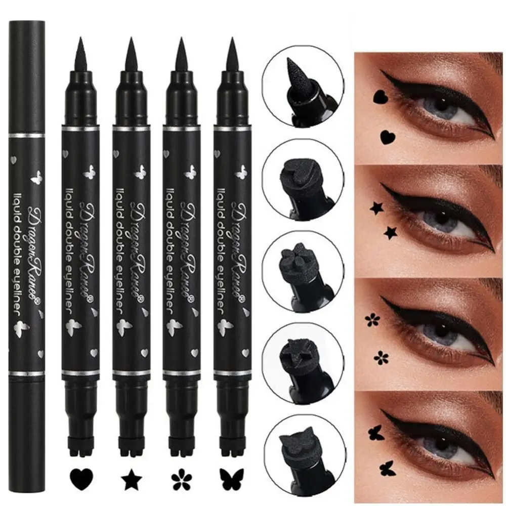 Double Head Winged Eyeliner Stamp, Lua Nova Waterproof Eye Liner Pencil, Caneta Líquida, Maquiagem Kit de Ferramentas, Estrela, Coração, 2pcs