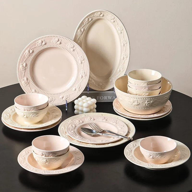 cream style tableware suit bowls embossed tableware