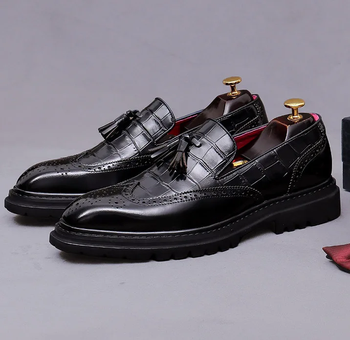 EAGSITY Cow Leather thick outsole platform tassel penny Loafer Men Shoes Casual Outdoor Footwear Work Shoes Street Style wedding